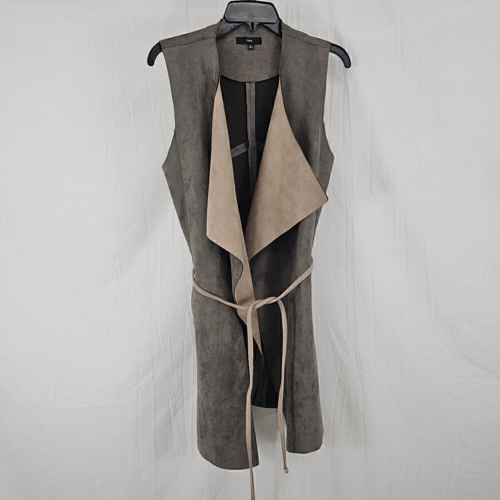 Fate The Label Women's Size Small Waterfall Vest Brown Suede Belted Tie